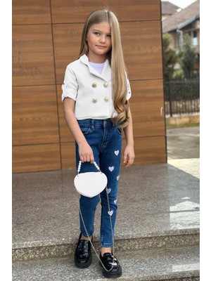 Kız Çocuk Gümüş Düğme Detaylı Beyaz Blazer Ceket Kalp Detaylı Jean Pantolon Alt Üst Takım 2251205015