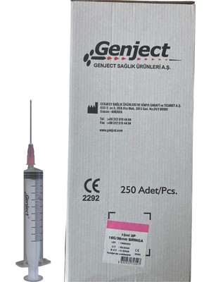 Genject - 10ML 3parça Pembe Iğneli Enjektör - 250 Adet