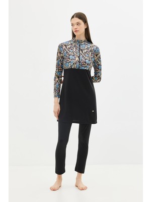 Desenli Fermuarlı 4'lü Tesettür Mayo 1310 Siyah