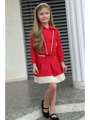 Kız Çocuk Asimetrik Kesim Gömlek Yaka Ceket Eteği Şerit Detaylı Pliseli Süet Kırmızı Etekli Takım