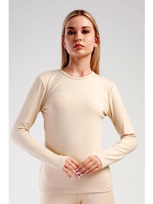 Kadın Uzun Kol Bisiklet Yaka Termal T-Shirt 409008 Bej