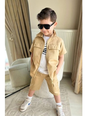 Miniğimin Cicileri Boyboy Gabardin Cepli Şortlu Erkek Çocuk 3 lü takım - Kahve