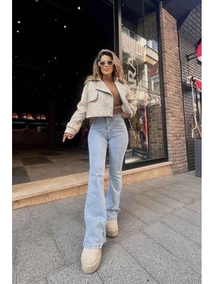 Eswomes Ispanyol Paça Jean Pantolon Buz Mavi