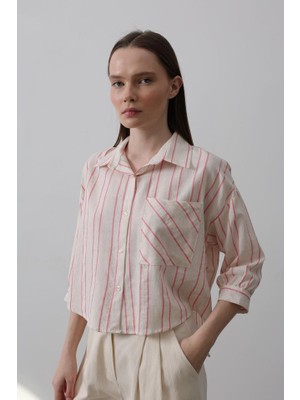 Nidam Butik Çizgili Kısa Gömlek - Bej Pembe