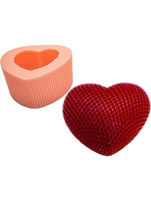 Desenli Büyük Kalp Silikon Mum Kalıbı 9 x 8 x 4  cm