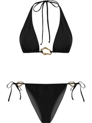Aksesuarlı Siyah Uzun Üçgen Bikini Takımı