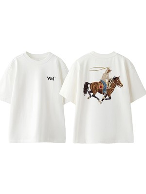 Ip Sallayan Kovboy Tasarım Sırt Baskılı Pamuk Beyaz Oversize T-Shirt