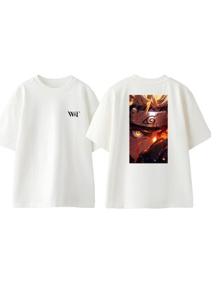 Naruto Fire Eyes Tasarım Sırt Baskılı Pamuk Beyaz Oversize T-Shirt