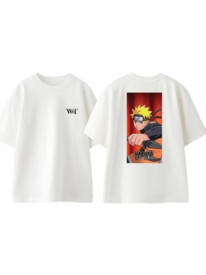 Naruto Edition Tasarım Sırt Baskılı Pamuk Beyaz Oversize T-Shirt