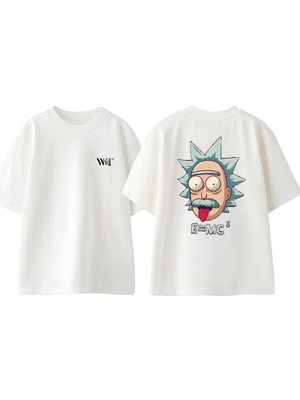 E=mc2 Einstein Tasarım Sırt Baskılı Pamuk Beyaz Oversize T-Shirt