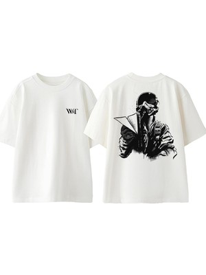 Pilot ve Ucak Tasarım Sırt Baskılı Pamuk Beyaz Oversize T-Shirt
