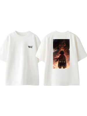 Attack On Titan 20 Tasarım Sırt Baskılı Pamuk Beyaz Oversize T-Shirt