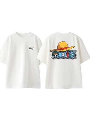 One Piece Blue Amblem Tasarım Sırt Baskılı Pamuk Beyaz Oversize T-Shirt
