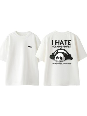 I Hate Morning People Tasarım Sırt Baskılı Pamuk Beyaz Oversize T-Shirt