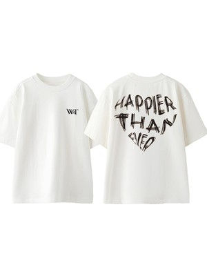 Happier Than Ever Tasarım Sırt Baskılı Pamuk Beyaz Oversize T-Shirt