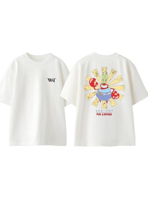 Mr Krabs Japon Tasarım Sırt Baskılı Pamuk Beyaz Oversize T-Shirt