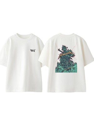 Metallica Green Skull Tasarım Sırt Baskılı Pamuk Beyaz Oversize T-Shirt
