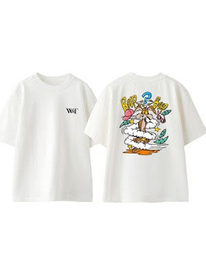 Wile E. Coyote Beep Beep Kurt Tasarım Sırt Baskılı Pamuk Beyaz Oversize T-Shirt