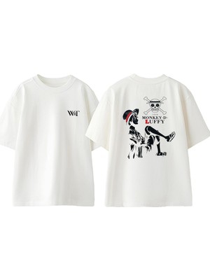 Zhan Monkey D Luffy Tasarım Sırt Baskılı Pamuk Beyaz Oversize T-Shirt