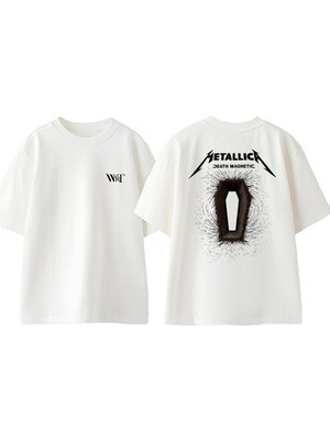 Metallica Magnetic Tasarım Sırt Baskılı Pamuk Beyaz Oversize T-Shirt