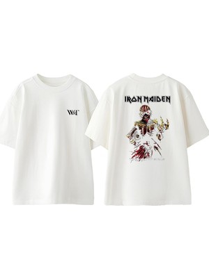 Iron Maiden The Book Tasarım Sırt Baskılı Pamuk Beyaz Oversize T-Shirt
