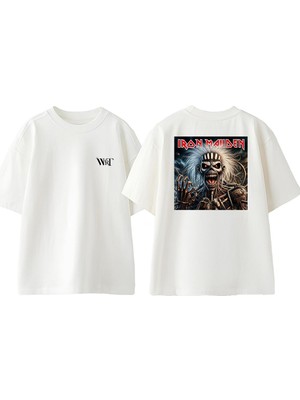 Iron Maiden Skull Head Tasarım Sırt Baskılı Pamuk Beyaz Oversize T-Shirt