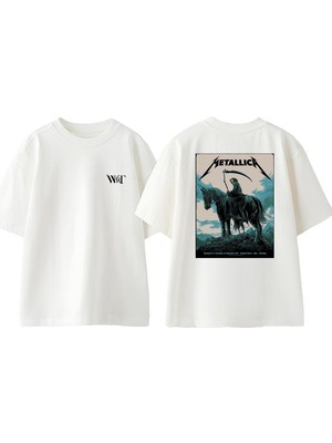 Metallica Horse Skull Tasarım Sırt Baskılı Pamuk Beyaz Oversize T-Shirt
