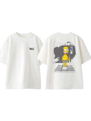 Megadeth Simpson Tasarım Sırt Baskılı Pamuk Beyaz Oversize T-Shirt