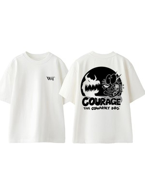 Courage The Cowardly 1 Tasarım Sırt Baskılı Pamuk Beyaz Oversize T-Shirt