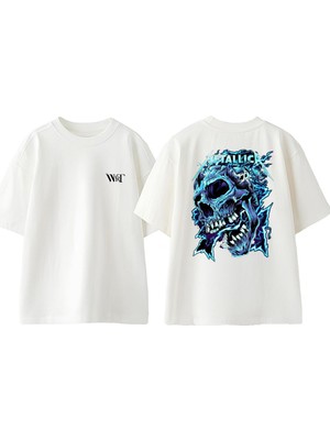 Metallica Skull 1 Tasarım Sırt Baskılı Pamuk Beyaz Oversize T-Shirt