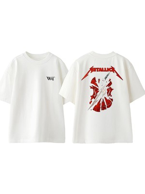 Metallica Red Amblem Tasarım Sırt Baskılı Pamuk Beyaz Oversize T-Shirt
