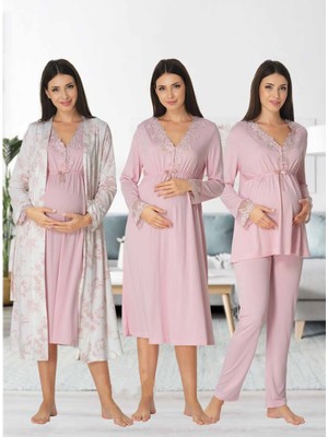 Dvina Effortt Lohusa 4'lü Set - Sabahlık/pijama Takımı/gecelik Pudra - 8096