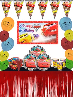 Şimşek Mcqueen Afişli Metalize Etekli Şimşek Mcqueen Cars Arabalar Doğum Günü Parti Malzemeleri Süsleri Seti