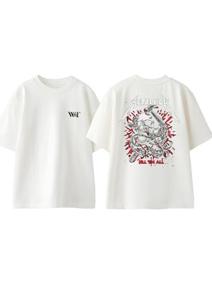 Metallica Red Skull Tasarım Sırt Baskılı Pamuk Beyaz Oversize T-Shirt