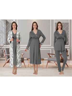 Dvina Effortt Lohusa 4'lü Set - Sabahlık/pijama Takımı/gecelik Füme - 8096