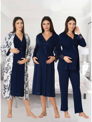 Dvina Effortt Lohusa 4'lü Set - Sabahlık/pijama Takımı/gecelik Lacivert - 8096