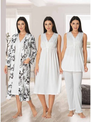 Dvina Effortt Lohusa 4'lü Set - Sabahlık/pijama Takımı/gecelik Ekru - 8036