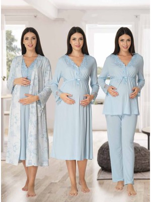 Dvina Effortt Lohusa 4'lü Set - Sabahlık/pijama Takımı/gecelik Mavi - 8096