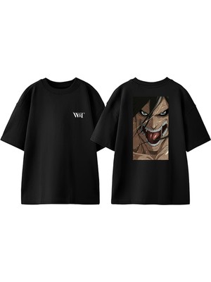 Attack On Titan 21 Tasarım Sırt Baskılı Pamuk Siyah Oversize T-Shirt
