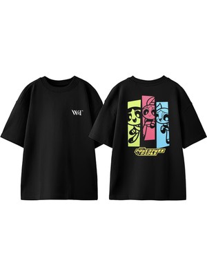 The Powerpuff Girls Tasarım Sırt Baskılı Pamuk Siyah Oversize T-Shirt