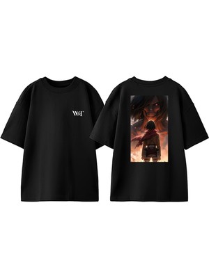 Attack On Titan 20 Tasarım Sırt Baskılı Pamuk Siyah Oversize T-Shirt