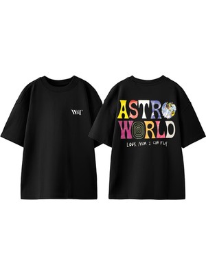 Astro World Look Tasarım Sırt Baskılı Pamuk Siyah Oversize T-Shirt