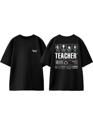 Teacher Tasarım Sırt Baskılı Pamuk Siyah Oversize T-Shirt