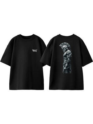 Savaşçı Tasarım Sırt Baskılı Pamuk Siyah Oversize T-Shirt
