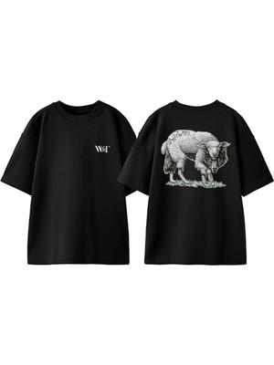 Kuzu Kiliginda Kurt Tasarım Sırt Baskılı Pamuk Siyah Oversize T-Shirt