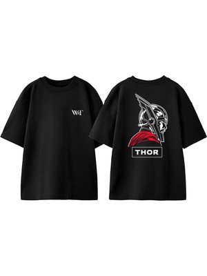 Thor Çizim Tasarım Sırt Baskılı Pamuk Siyah Oversize T-Shirt