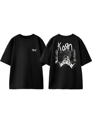 Korn Dikenli Teller Tasarım Sırt Baskılı Pamuk Siyah Oversize T-Shirt