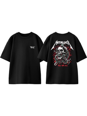 Metallica Red Skull Tasarım Sırt Baskılı Pamuk Siyah Oversize T-Shirt