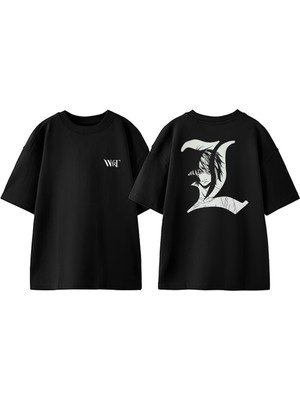 L Death Note Light Tasarım Sırt Baskılı Pamuk Siyah Oversize T-Shirt