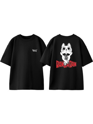 Dandadan Kedi Tasarım Sırt Baskılı Pamuk Siyah Oversize T-Shirt